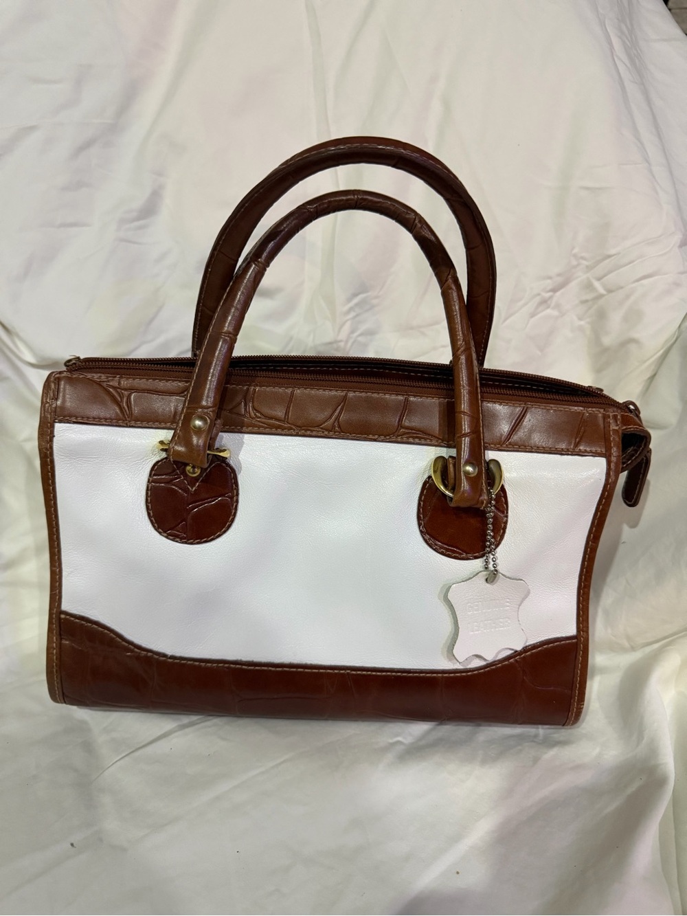 Valerie Stevens White and Brown Leather Top-Handle Satchel